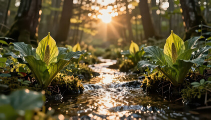 Naklejka premium In the forest, sunlight filters through the trees, illuminating vibrant flowers near a gentle stream. The stream flows softly, creating a serene atmosphere in the woodland.