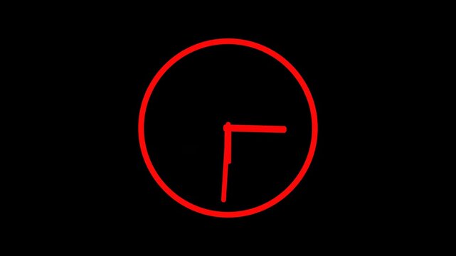 watch animation on black background with alpha channel. Clock icon flat style 24 hours day fast speed with moving timer clock rotation.