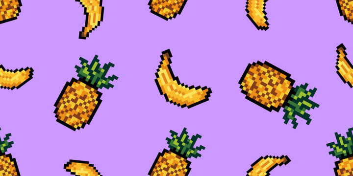  Retro pixel art tropical fruit seamless pattern with bananas and pineapples in retro 8 bit style on a purple background for fabric, wallpaper, packaging, and playful design. Vector illustration