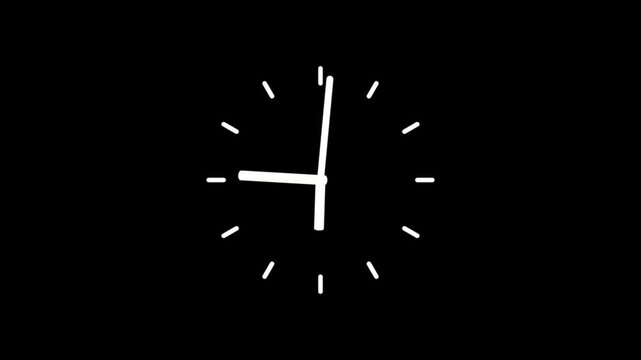 watch animation on black background with alpha channel. Clock icon flat style 24 hours day fast speed with moving timer clock rotation.