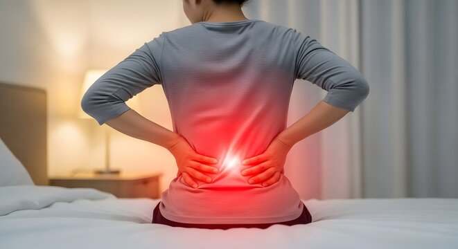Woman suffering from lower back pain in bedroom. Lumbar ache and spinal health problems. Woman sitting on a bed holding her back with a red glow indicating chronic inflammation