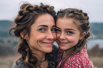 Fototapeta premium A smiling mother and daughter smiling outdoors, sharing a beautiful moment in nature, celebrating love and family
