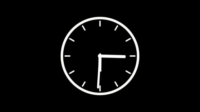 watch animation on black background with alpha channel. Clock icon flat style 24 hours day fast speed with moving timer clock rotation.