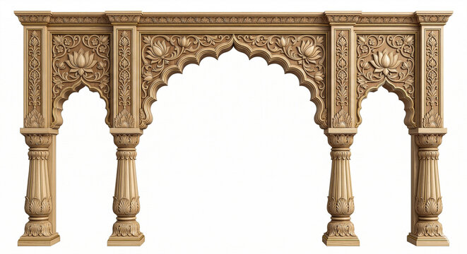 An ornate golden brown architectural element featuring a pointed archway with floral carvings ideal for design projects on transparent background