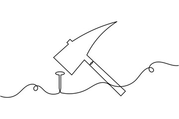 Obraz premium Hammer hitting nail icon continuous one line art single drawing on white background minimal workshop tool symbol outline vector illustration