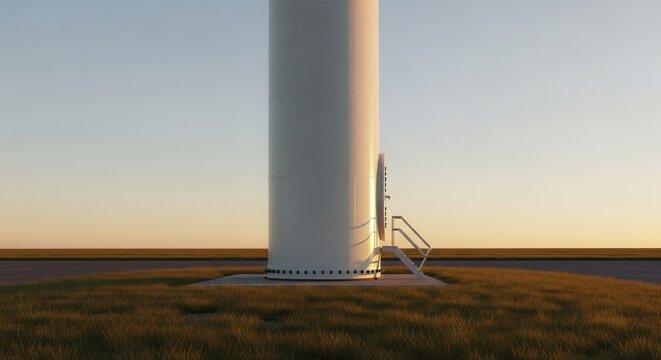 Base of a large white wind turbine, featuring a metal access ladder and railing. Golden hour sunlight illuminates the modern structure against a clear sky.