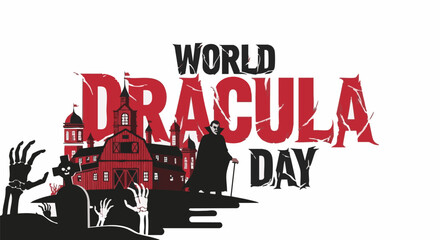 Dracula logo in bold red and black typography with spooky castle silhouette for Halloween marketing © Any