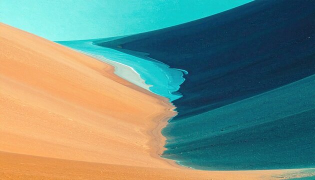 Vue a&eacute;rienne artistique de dunes d&eacute;sertiques pr&eacute;sentant des courbes &eacute;l&eacute;gantes et un m&eacute;lange de couleurs ocre et bleu sarcelle vibrant.