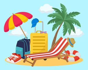 Obraz premium Summer beach vacation concept with palm tree, deck chair and suitcase on sandy island