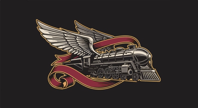 Winged steam locomotive with crimson ribbon on black background