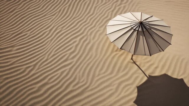 White parasol casting shadow on rippled sand dunes aerial view