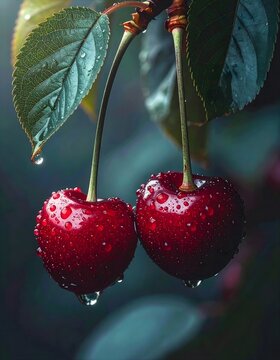Nahaufnahme von zwei reifen roten Kirschen mit Wassertropfen vor einem dunklen Hintergrund.