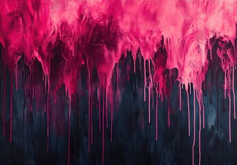 Fototapeta premium Abstract vertical composition with vibrant pink and red watercolor at the top transitioning into dark blue and black with long dripping paint effects