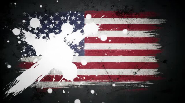 Highly dynamic, distressed american flag graphic animated with rough red, white, and blue brushstrokes, exploding paint splatters on dark textured background, raw and visceral patriotism