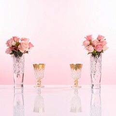 Obraz premium Elegant Pink Roses in Decorative Vases with Golden Rimmed Glasses on White Table