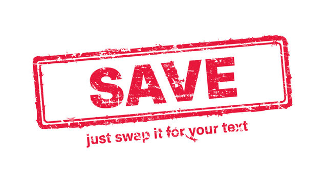 A distressed red grunge rubber stamp vector illustration featuring the word SAVE inside a textured rectangular frame, with an editable text placeholder below it. Ideal for editorial layouts.