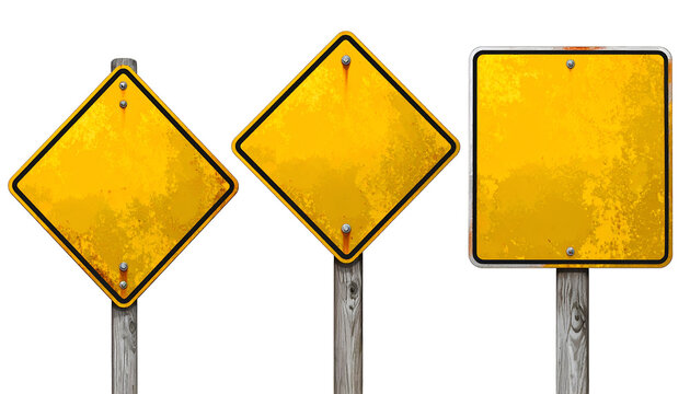 Three weathered, blank yellow road signs two diamond, one square, all on wooden posts