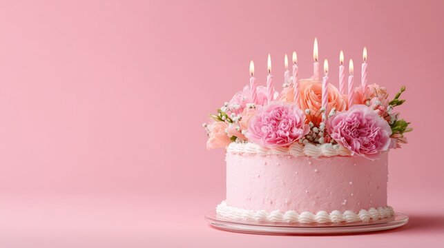 Elegant pink birthday cake decorated with fresh flowers and burning candles on pink background with copy space