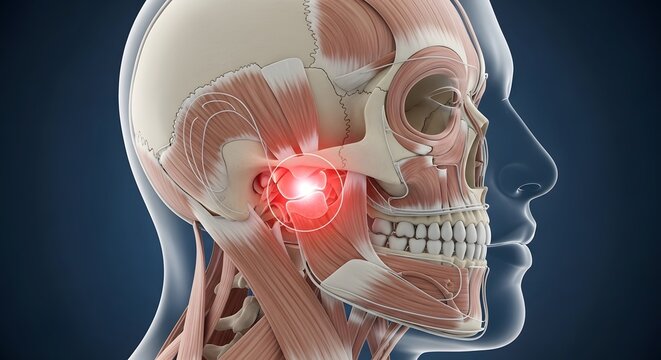 Temporomandibular joint pain and jaw muscle anatomy. TMJ disorder and dental healthcare. Profile of a human head showing glowing jaw joint pain and facial muscular structure.