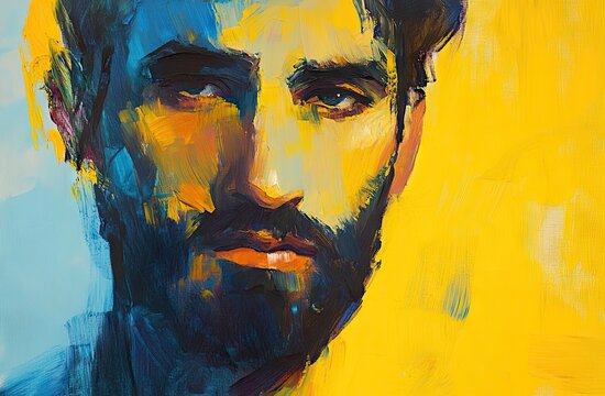 Close-up portrait of a bearded man with serious expression against a bright yellow and blue background