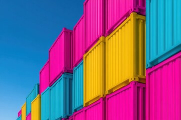 Fototapeta premium Colorful shipping containers stacked against a blue sky in daytime