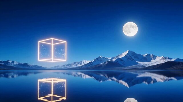 Moonlit mountain lake with glowing cube