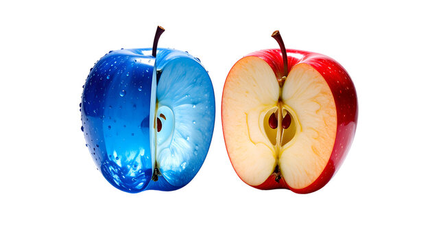 A split apple, one half blue, the other red, against a black background