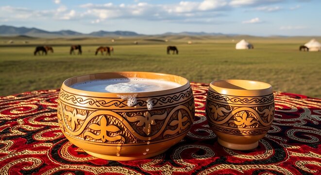 Traditional Mongolian Airag fermented mares milk in ornate wooden bowls with steppe.
