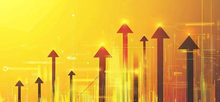 Upward pointing arrows with motion streaks and particles against a bright yellow gradient background