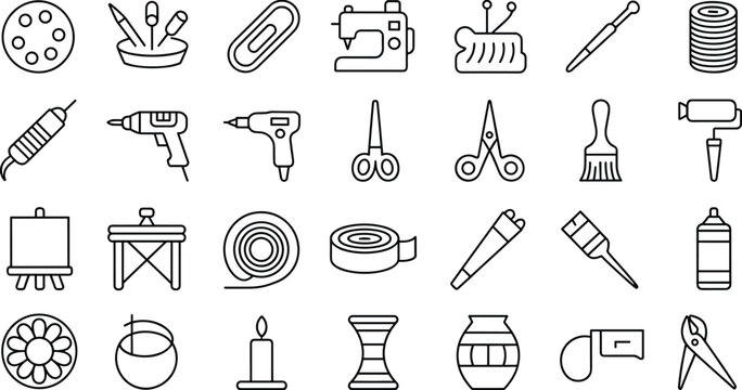 Hand Drawn Craft and DIY Line Icons Featuring Sewing Machine Tools Paint Brushes Stationery and Creative Workshop Equipment for Artistic Projects