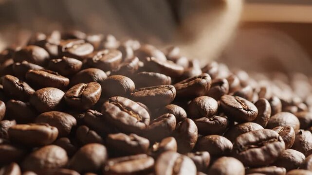 Close up of roasted coffee beans in warm sunlight