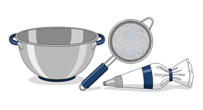 Kitchen Utensils: Mixing Bowl, Sieve, and Piping Bag for Baking and Cooking