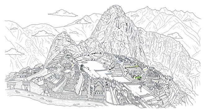Machu Picchu Inca Citadel in Andes Mountains, Peru - Line Art Illustration