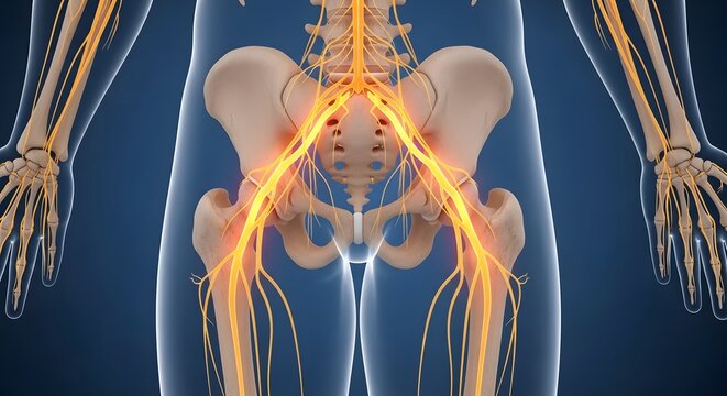 Sciatic nerve pain and nervous system anatomy. Neurology medical treatment and spinal cord health. 3D illustration of human nervous system highlighting nerves in the lower back and legs