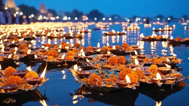Ganga Dussehra, Hundreds of traditional leaf boats with orange marigolds and glowing candles floating on the holy river