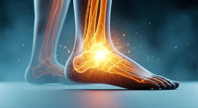 Ankle sprain and ligament injury anatomy. Sports medicine and physical therapy recovery. Side view of a human foot and ankle skeleton with glowing pain points and light particles