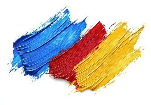 Three thick parallel brushstrokes in blue, red, and yellow with textured edges on white