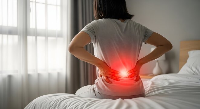 Lower back pain and spinal muscle strain. Orthopedic health and physiotherapy. Woman sitting on bed holding her aching back with glowing red pain