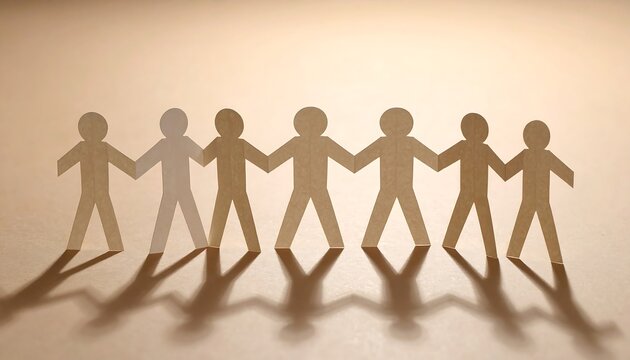 A group of cutout paper people holding hands