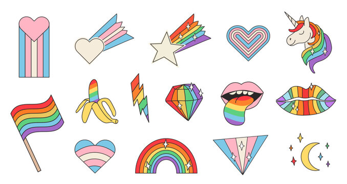 Hand-drawn retro Pride icons with rainbow and transgender flag gradients. Inclusive LGBTQ doodle collection of unicorns, hearts, lightning bolts, and stars for digital stickers or branding. Vector.