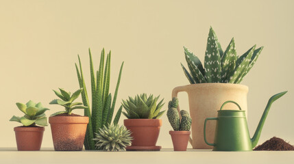 Fototapeta premium Potted cacti and succulents with garden tools on beige surface