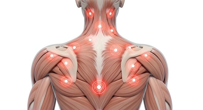 Back muscle tension and trigger point therapy. Chiropractic care and massage therapy. Back view of male muscular anatomy with glowing red spots on neck and shoulders