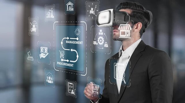 Professional man using virtual reality technology for business management and procurement strategy in modern office environment with digital icons Sigmoid