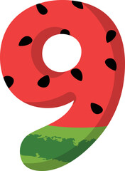 Fototapeta premium Fresh watermelon style number nine vector for alphabet set