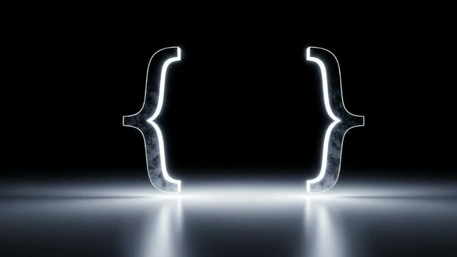 Abstract glowing curly braces on a dark reflective surface, representing advanced programming code and digital structure.