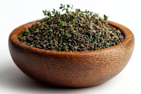 Wooden bowl filled dried thyme herbs seasoning aromatic organic ingredient cooking natural background spice food preparation healthy nutrition concept