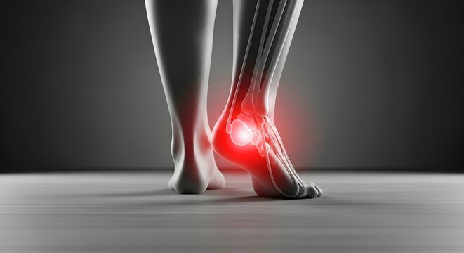 Achilles tendonitis and ankle joint pain. Sports injury and orthopedic inflammation. Posterior view of human feet with glowing red area indicating pain on the heel and lower leg
