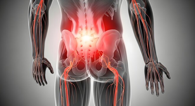 Sciatica and lower back nerve pain. Lumbar spine inflammation and musculoskeletal disorders. Human back anatomy showing glowing red nerves radiating from the spine into the legs
