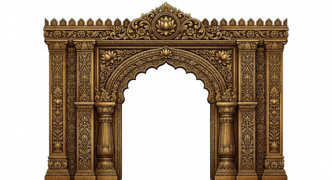 An intricately designed golden archway featuring floral motifs and ornate detailing ideal for digital projects on transparent background high quality professional