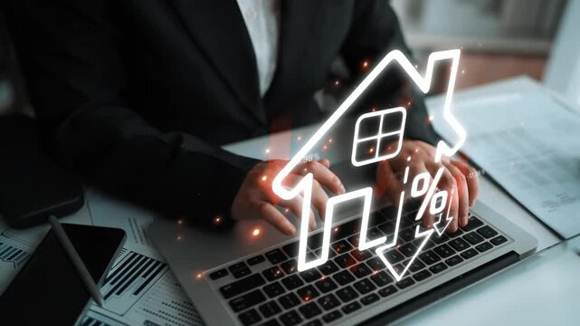Person in a business suit working on a laptop with a house icon and percentage symbol illustrating real estate market trends and financial analysis Sigmoid